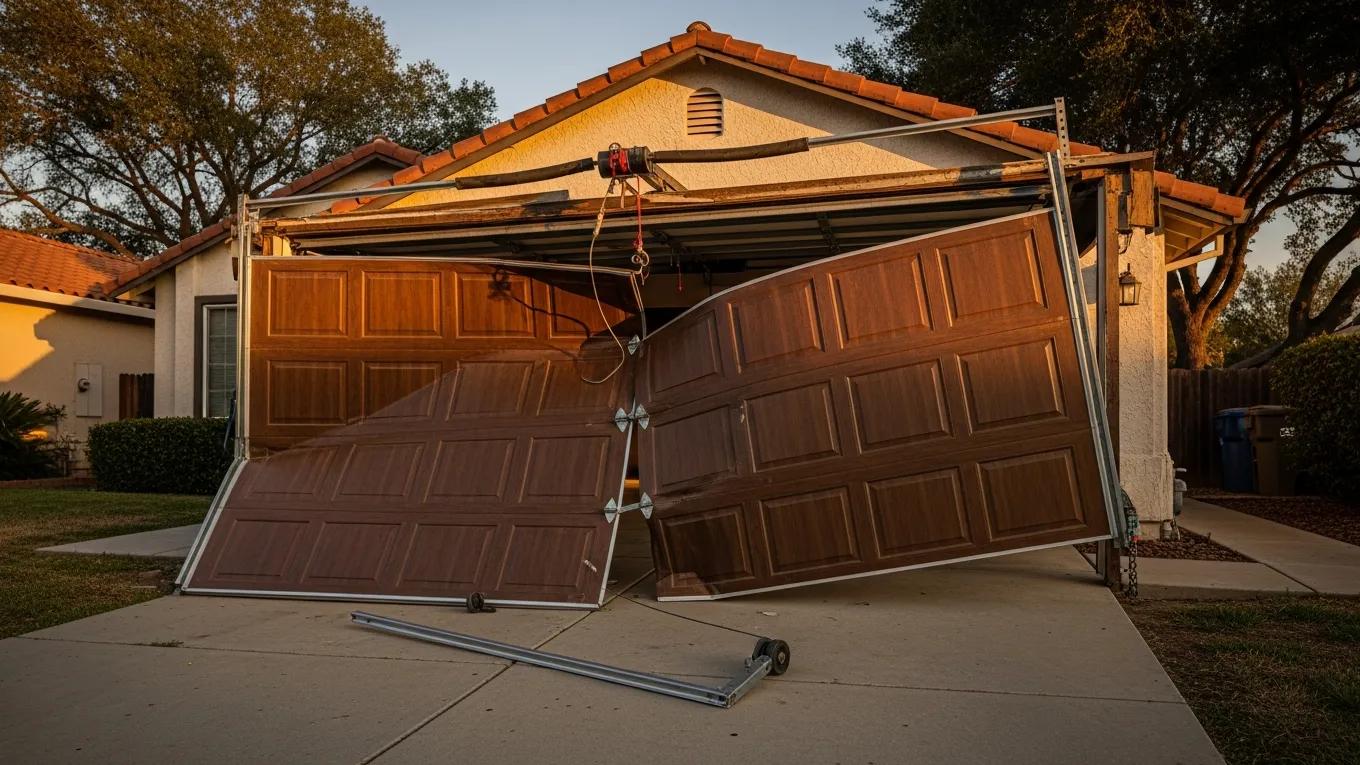 Broken garage door off its tracks, emphasizing the need for urgent repair services.