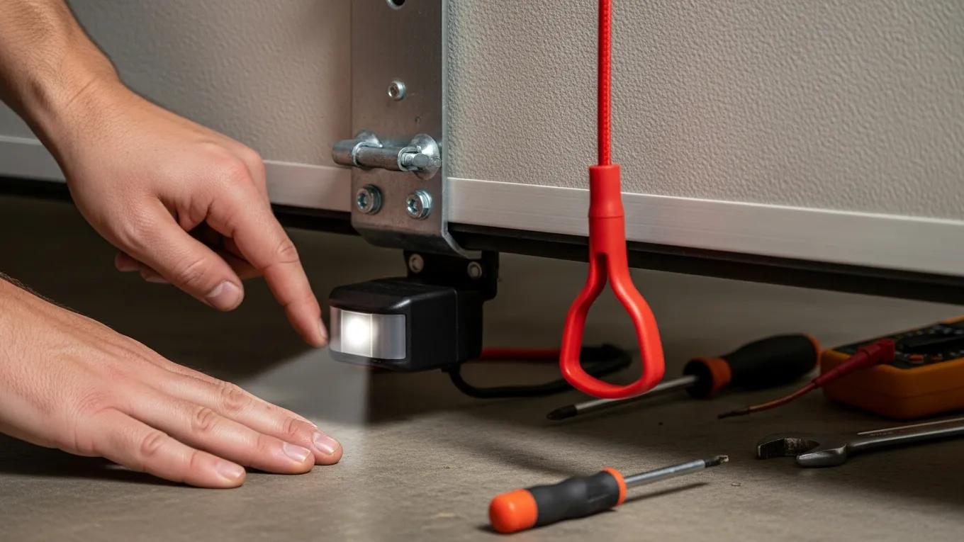 Close-up view of garage door safety features including auto-reverse sensor and manual release mechanism