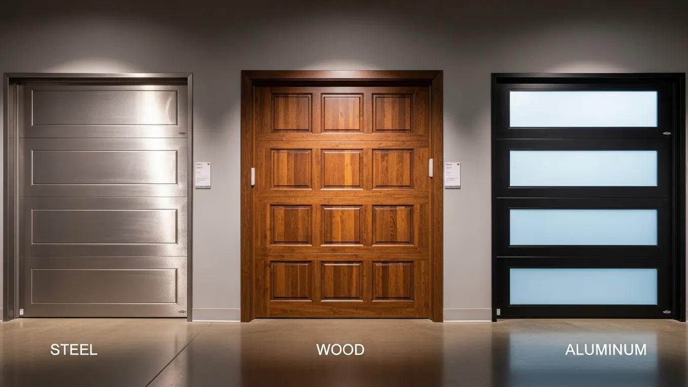 Comparison of steel, wood, and aluminum garage doors in a showroom setting