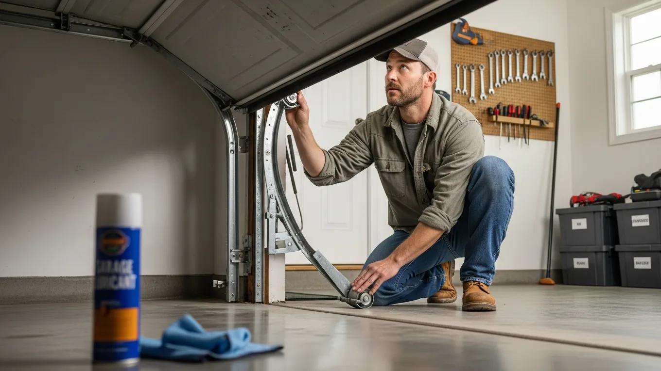Homeowner inspecting garage door rollers during seasonal maintenance