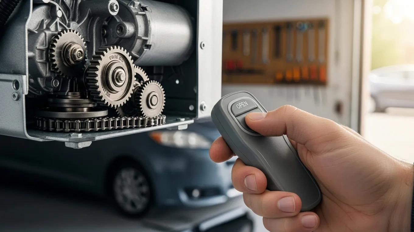 Individual diagnosing garage door opener issues, focusing on remote control and opener mechanism.