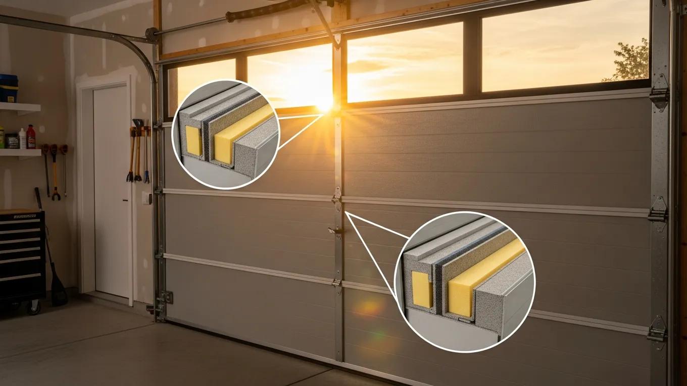Insulated garage door highlighting layers for improved thermal resistance