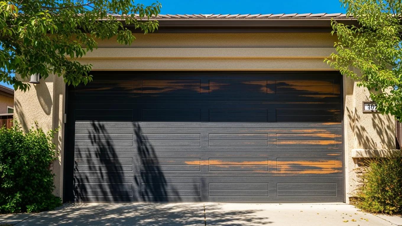 Modern garage door showing effects of heat in sunny Central Valley landscape