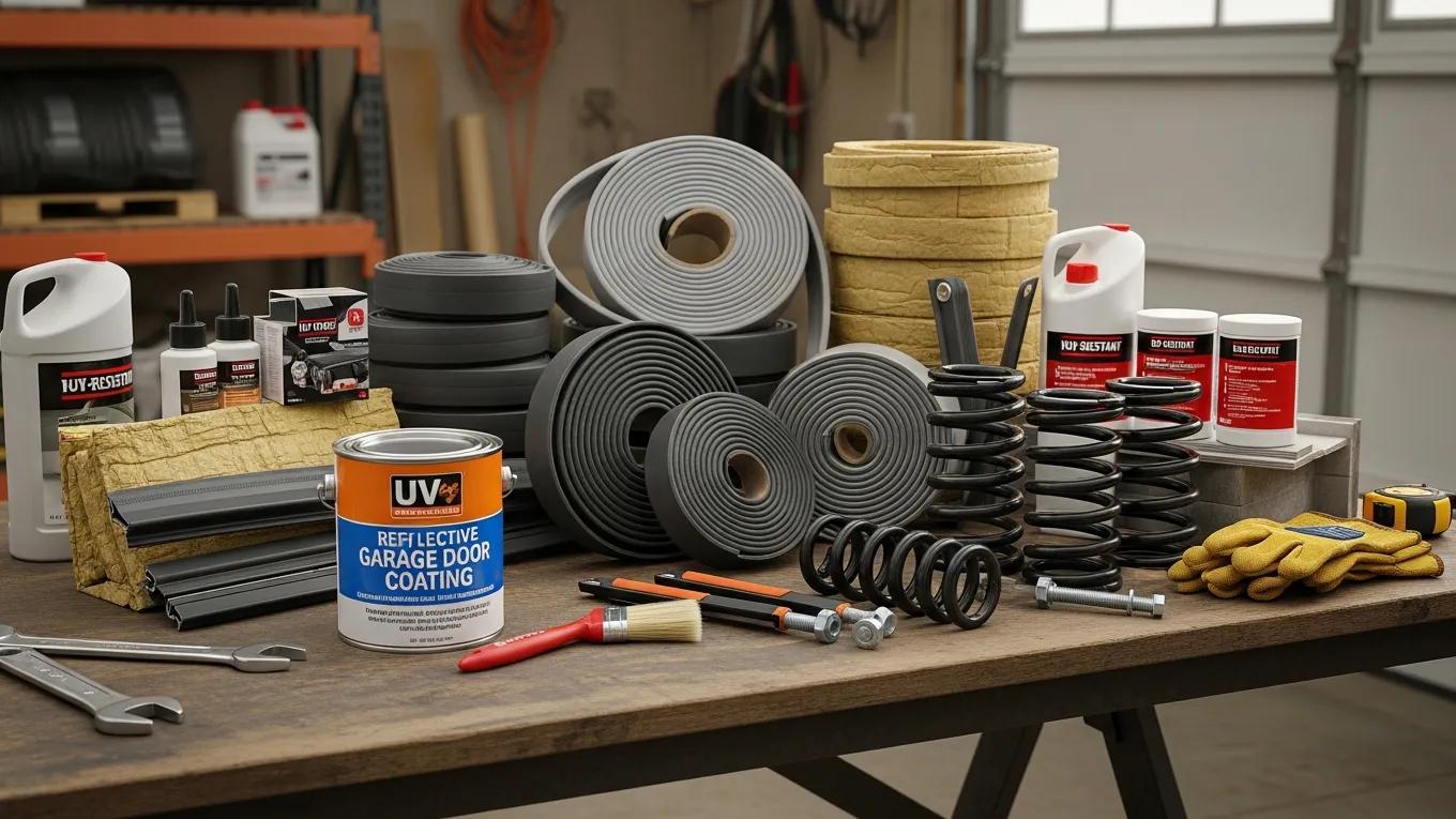 Selection of heat-resistant garage door accessories on a workbench