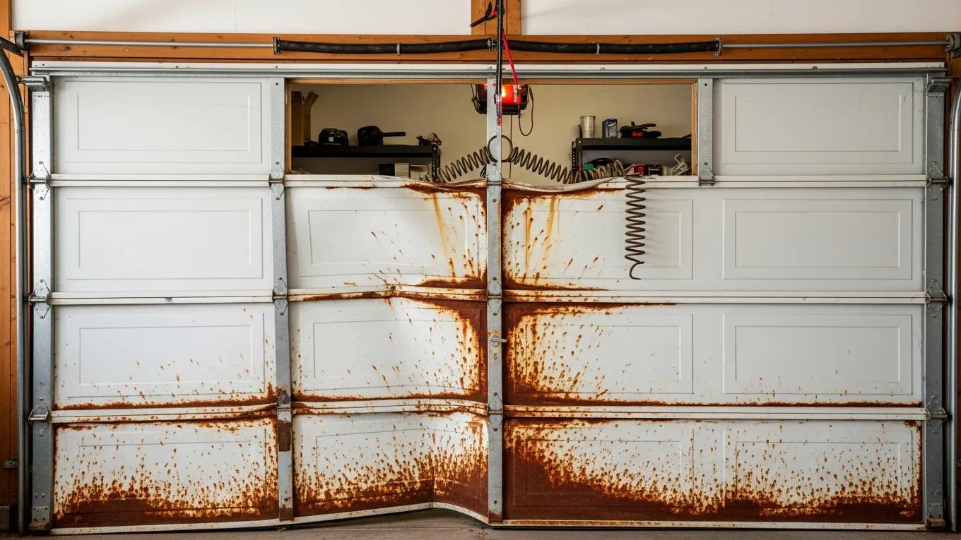 Signs of garage door damage including warping and broken spring visible on a garage door