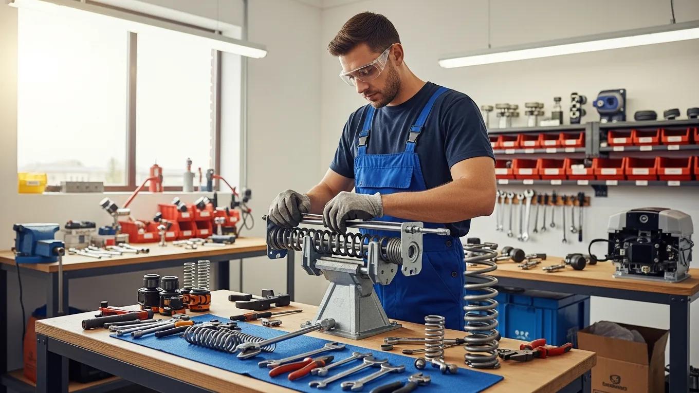 Technician repairing garage door springs in a workshop, highlighting important maintenance aspects.