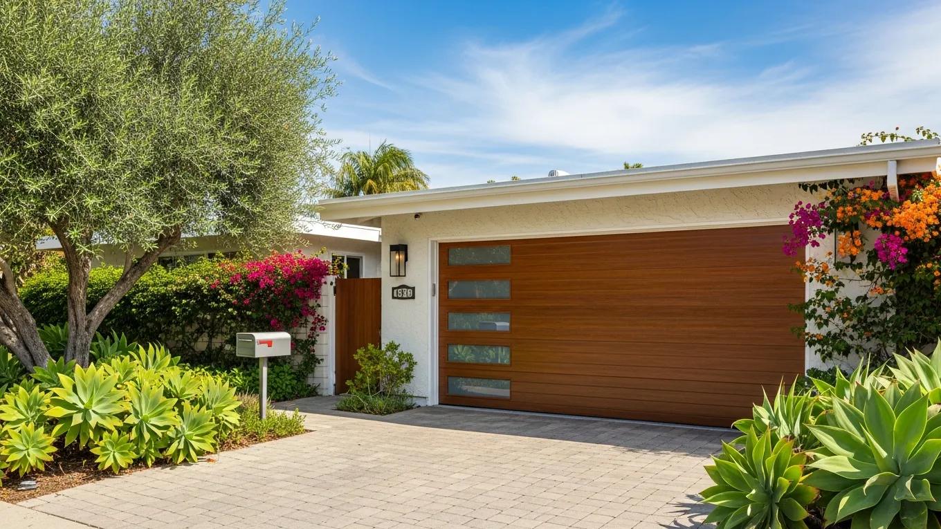 Well-maintained garage door in a sunny residential setting showcasing proper upkeep