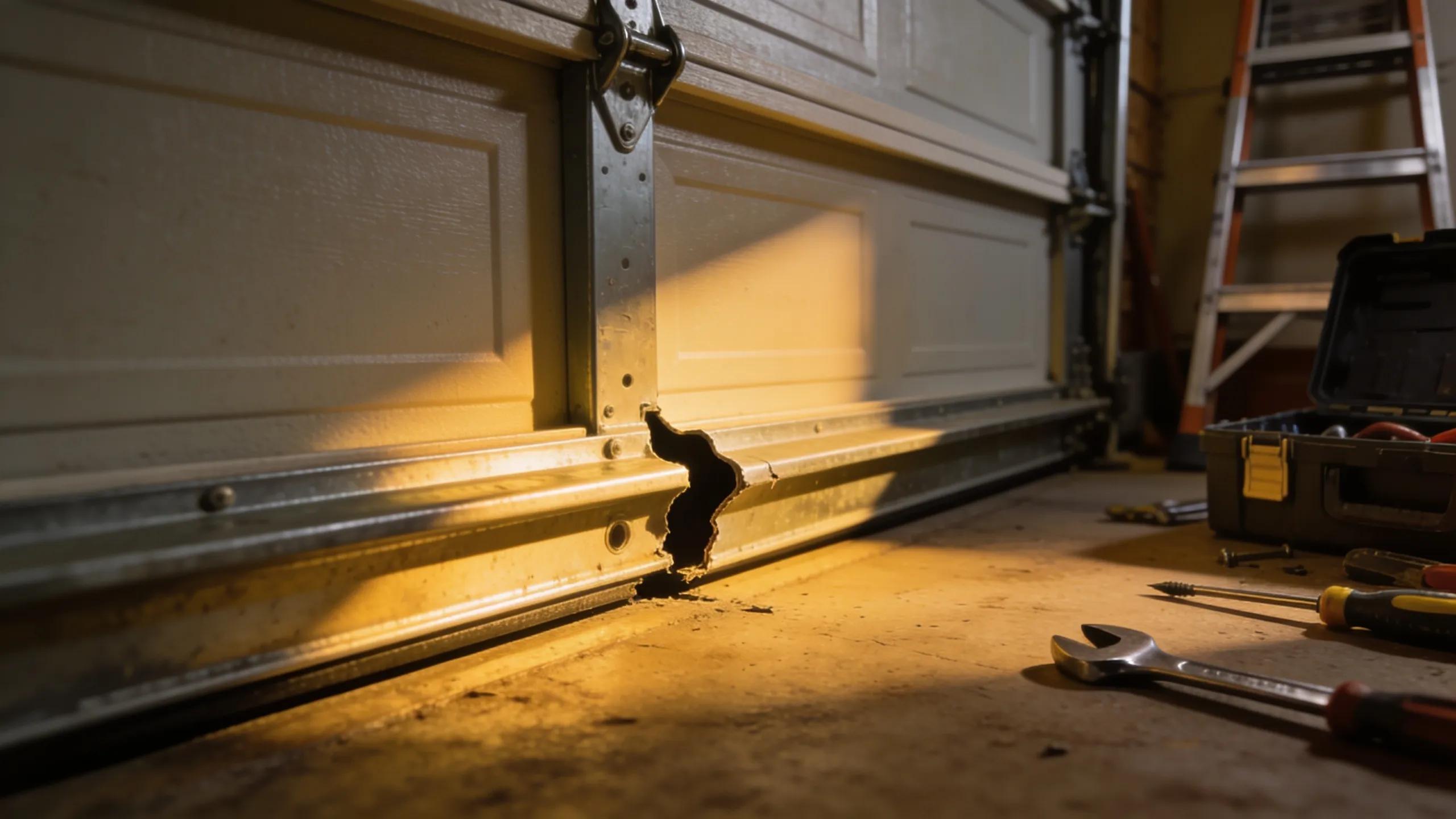 Misaligned and bent garage door track indicating repair needs
