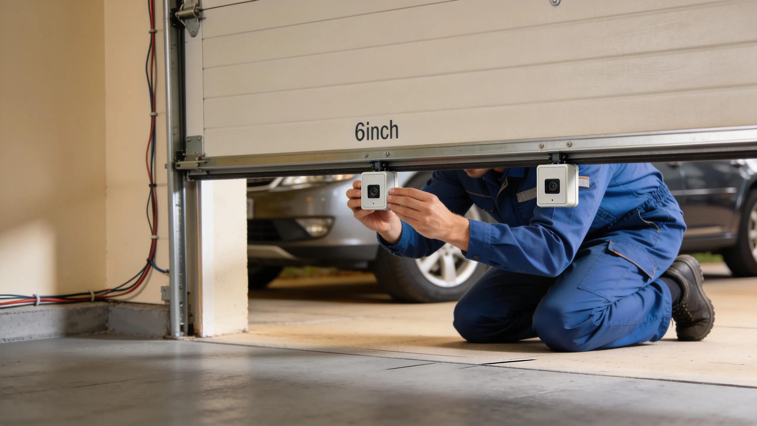 Technician adjusting garage door sensors for proper alignment, demonstrating maintenance practices