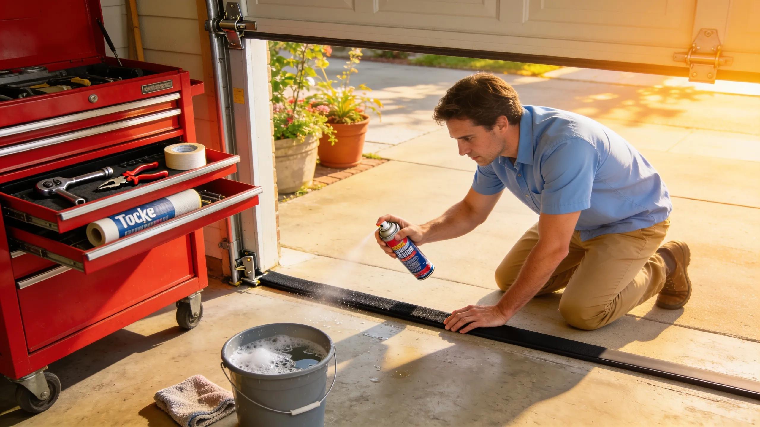 Person maintaining a garage door with proper lubrication and inspection techniques