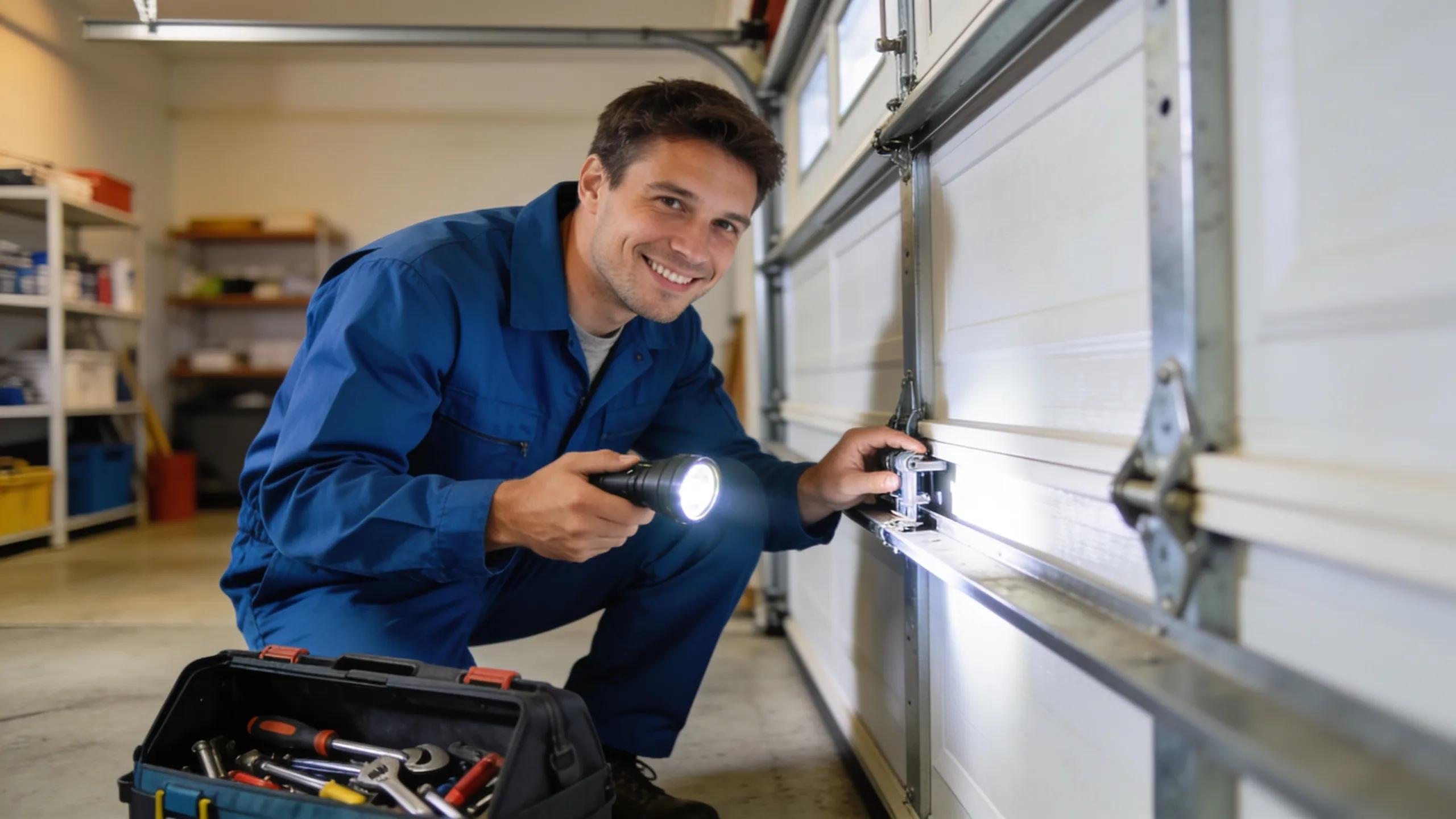 Technician evaluating garage door condition for repair or replacement