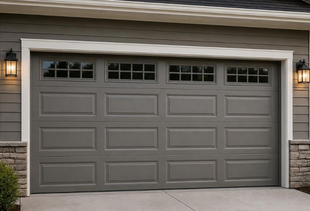 Gray garage door with window panels on a sided home